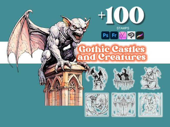 100 Gothic Castles & Creatures Photoshop Brushes – A Must-Have Toolkit for Digital Artists