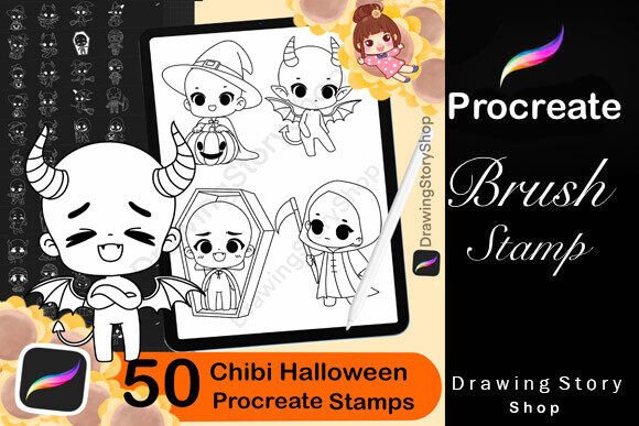 50 Halloween Chibi Stamps for Procreate: A Must-Have Digital Art Resource for the Spooky Season