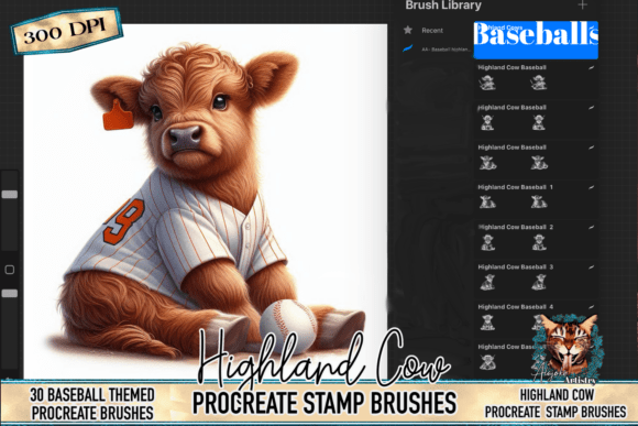 Adorable Baseball Highland Cow Procreate Stamps