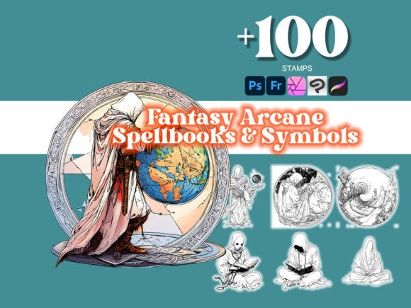 Elevate Your Artistic Vision with 100 Arcane Spellbooks Symbols Photoshop Brushes