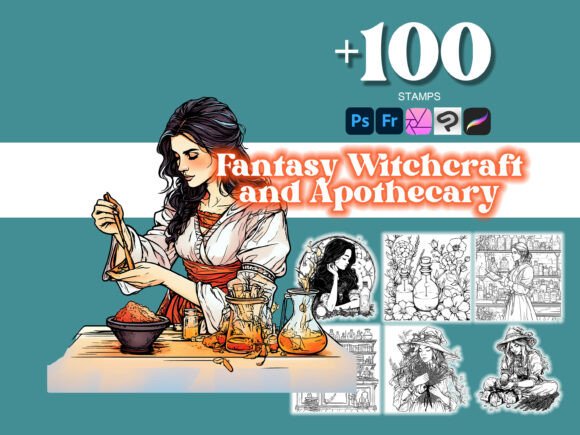 Elevate Your Creative Work with the 100 Witchcraft and Apothecary Photoshop Brush Collection