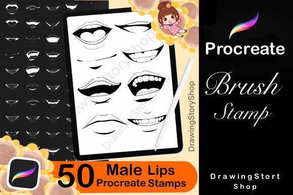 Enhancing Digital Art with 50 Procreate Lip Stamps, Male Mouth Brush Set