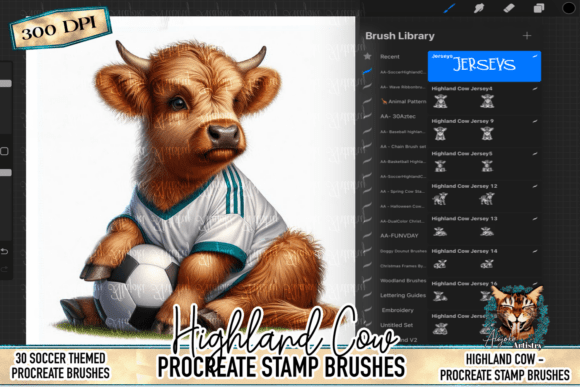 Soccer Highland Cow Procreate Stamps